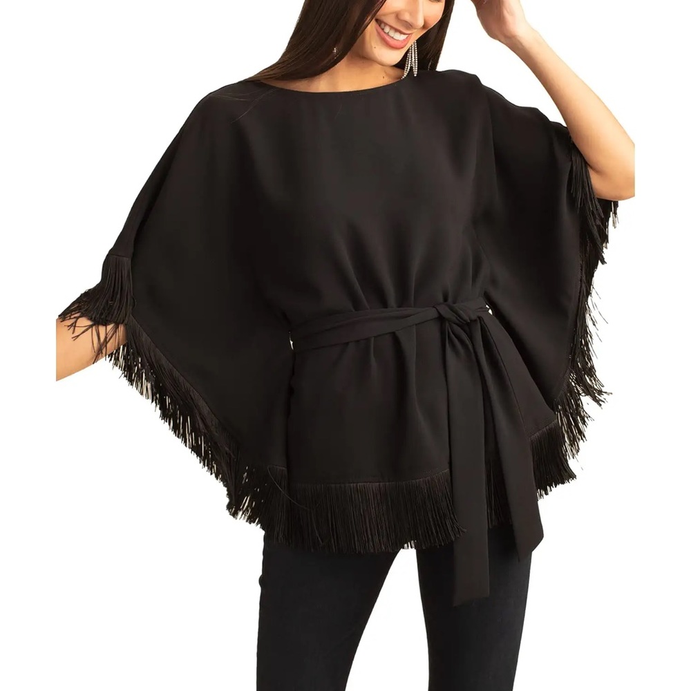Trina Turk Black Fringe Poncho Top